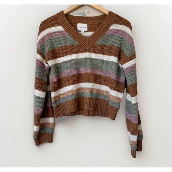Pink Rose Sweaters - Pink Rose Womens Striped Knit Sweater V Neck Brown White Green Purple